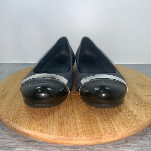Crocs Size 8 Cap Toe Mirror Women's Black Ballet Slip On Flats 202308 Comfort - Picture 4 of 9